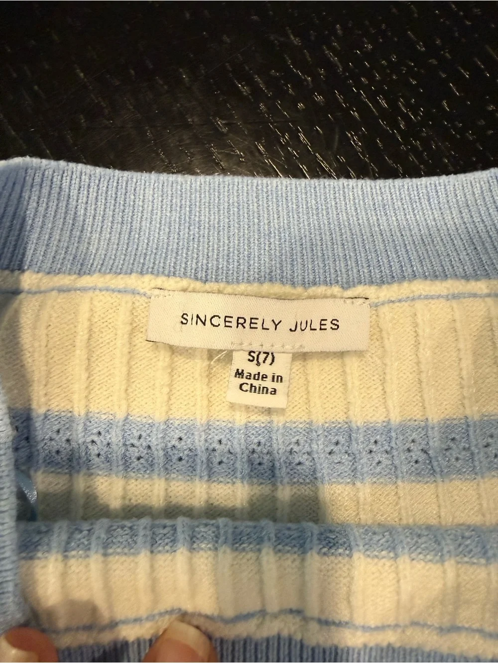 Sincerely Jules Short-Sleeve Striped Knit Sweater in Light Blue and Cream